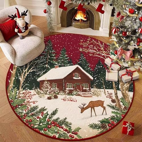 Hearda Rund Weihnachten Teppich, Rot Flanell Reppich Schlafzimmer Waschbarer Innenbereich Teppich rutschfest Fußmatten, Flur Fußmatten für Wohnzimmer, Büro (Rothirsch 6,60cm) von Hearda