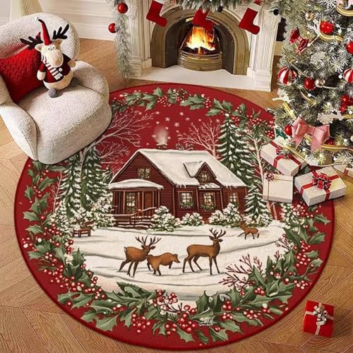 Hearda Rund Weihnachten Teppich, Rot Flanell Reppich Schlafzimmer Waschbarer Innenbereich Teppich rutschfest Fußmatten, Flur Fußmatten für Wohnzimmer, Büro (Rothirsch 8,60cm) von Hearda