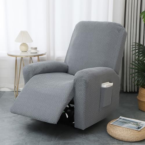 Hearda sesselschoner für Relaxsessel 1 Sitzer, 4-Teilig Jacquard Hellgrau Sesselschoner für Fernsehsessel und Relaxsessel mit Taschen, Stretch Sesselbezug mit armlehne von Hearda
