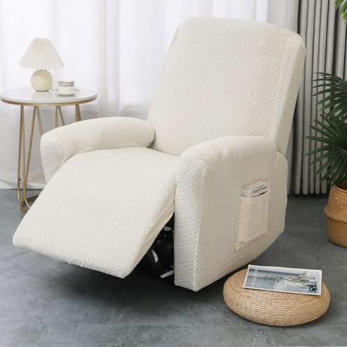 Hearda sesselschoner für Relaxsessel 1 Sitzer, 4-Teilig Jacquard Beige Sesselschoner für Fernsehsessel und Relaxsessel mit Taschen, Stretch Sesselbezug mit armlehne von Hearda