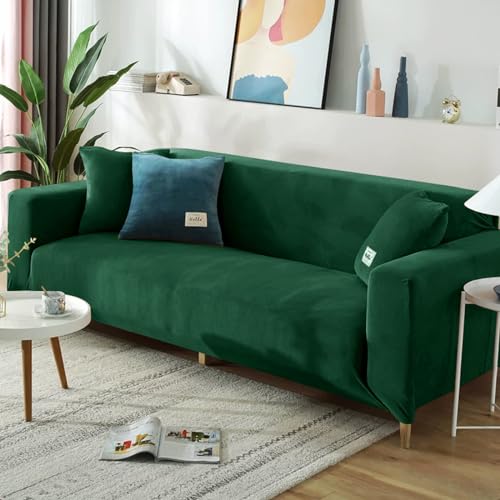 Hearda Sofabezug Stretch 1 2 3 4 Sitzer, Deluxe Plüsch Elastische Antirutsch Couchbezug Waschbar Universal Weich Sofaüberwurf für Sofaüberwurf Möbelschutz (1-Seater,Dunkelgrün) von Hearda