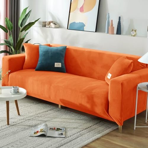 Hearda Sofabezug Stretch 1 2 3 4 Sitzer, Deluxe Plüsch Elastische Antirutsch Couchbezug Waschbar Universal Weich Sofaüberwurf für Sofaüberwurf Möbelschutz (4-Seater,Orange) von Hearda