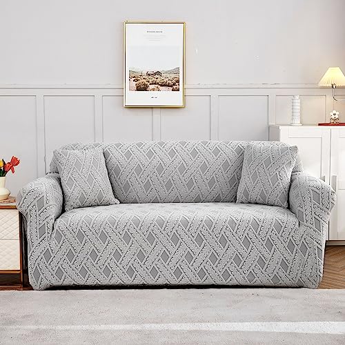Hearda Sofabezug Stretch 1 2 3 4 Sitzer, Jacquard Elastische Antirutsch Couchbezug Waschbar Universal Weich Sofaüberwurf für Wohnzimmer Sofaüberwurf Möbelschutz (4-Seater,hellgrau) von Hearda