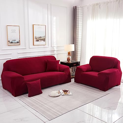 Hearda Sofabezug Stretch 1 2 3 4 Sitzer, Monochrom Elastische Antirutsch Couchbezug Waschbar Universal Weich Sofaüberwurf für Sofaüberwurf Möbelschutz (2-Seater,Rot) von Hearda