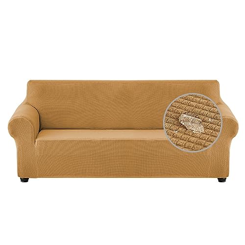 Hearda Sofabezug Stretch 1 2 3 4 Sitzer, Schön Elastische Antirutsch Couchbezug Waschbar Universal Weich Sofaüberwurf, Passend für Ecksofa L Form Sofa (3-Seater,Gold) von Hearda