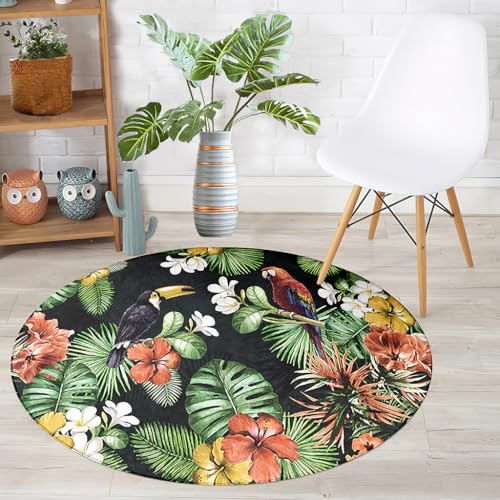 Hearda Teppich Rund, Reppich Schlafzimmer, Flanell Innenbereich Runder Teppich, Waschbarer rutschfest Teppich, Tropische Pflanzen Flur Teppich, fürs Wohnzimmer (Tukan,40cm) von Hearda