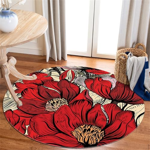 Hearda Teppich Rund, Retro-Muster Kristallsamt Reppich Schlafzimmer, Innenbereich Runder Teppich, Waschbarer rutschfest Teppich, Polyester Flur Teppich, fürs Büro Wohnzimmer (100cm,Rote Blume) von Hearda