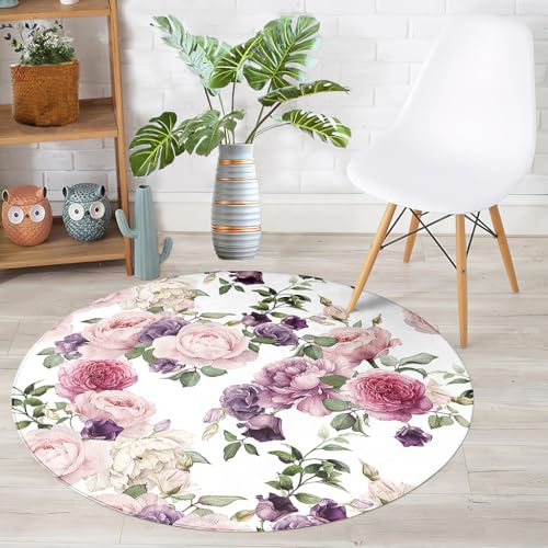 Hearda Teppich Rund Reppich Schlafzimmer, Innenbereich Blume-Druck Teppich Waschbarer rutschfest Teppich Flanell Flur Teppich für Wohnzimmer, Kinderzimmer, Büro (120cm,Rosa Violett 1) von Hearda