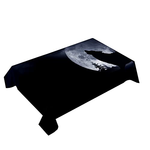 Hearda Tischdecke Abwaschbar Rechteckig, 3D Mond Wolf Druck Polyester Tischdecken Wasserdicht Pflegeleicht Tischtuch für Küche Party Bar Restaurant (Vollmond,100x140cm) von Hearda