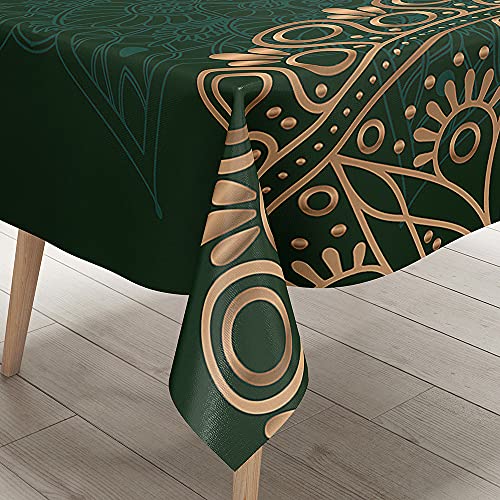 Hearda Tischdecke Abwaschbar Rechteckig, Mandala-Druck Polyester Tischdecken Wasserdicht Pflegeleicht Tischtuch für Küche Party Outdoor Garten Restaurant (Dunkelgrünes Gold,100x140cm) von Hearda