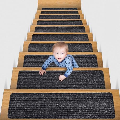 Hearda Treppenstufen Matten, 5/10 Stück Stufenmatten, Treppe Treppenteppich 76x20cm, Treppenteppich Selbstklebend, Antirutschmatte Innenbereich (5 Stück,Schwarz Weiß) von Hearda
