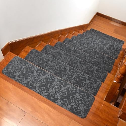 Hearda Treppenstufen Matten, 76x20cm Rechtwinklig Treppe Treppenteppich, Stufenmatten 9 stück, Treppenteppich Selbstklebend, Antirutschmatte Innenbereich Verhindert Ausrutschen (9pc,Grau) von Hearda