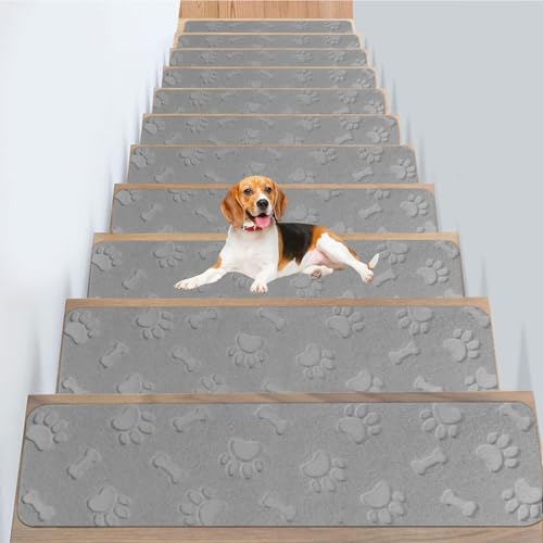 Hearda Treppenstufen Matten, Hundefußabdruck Jacquard 76x20cm Treppe Treppenteppich, Stufenmatten 5/10/15 Stück, Treppenteppich Selbstklebend, Antirutschmatte Innenbereich (Grau,15 pc) von Hearda