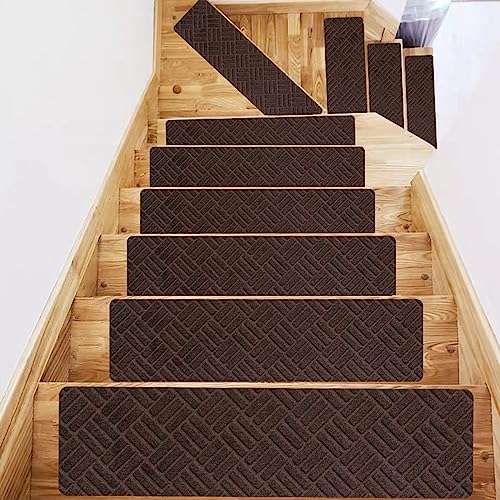 Hearda Treppenstufen Matten, Rechtwinklig 76x20.3cm Treppe Treppenteppich, Stufenmatten 15 stück, Treppenteppich Selbstklebend, Antirutschmatte Innenbereich Verhindert Ausrutschen (6 pc,Kaffee) von Hearda