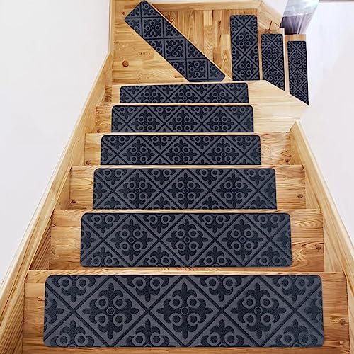 Hearda Treppenstufen Matten, Rechtwinklig 76x20.3cm Treppe Treppenteppich, Stufenmatten 15 stück, Treppenteppich Selbstklebend, Antirutschmatte Innenbereich für Schutz Kinder, Ältere (Anthrazit,9pc) von Hearda