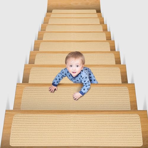 Hearda Treppenstufen Matten, Treppe Treppenteppich, Stufenmatten 5/10 Stück, Treppenteppich Selbstklebend, Antirutschmatte Innenbereich für Schutz Kinder, Ältere (10PCS,Beige Linie) von Hearda
