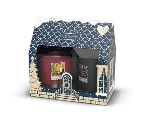 Heart & Home Set mit 2 Kerzen, 2 Dochten, Duft Weihnachtsbaum und Weihnachten am Feuer – 2 Stück von Heart & Home