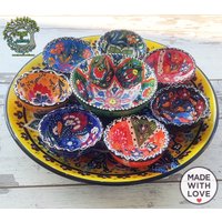 9x Handgemachte Keramik Tablett Schüsseln Servierplatten Set | Vorbereiten Sojasauce Tapas Geschirr Servierschalen Dekorative Blumen Dish von HeartOfAnatolia
