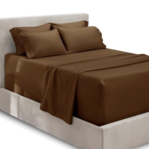 Hearth & Harbor 6 Piece Bed Sheet Set Extra Deep Pocket, Fits Mattress from 18-24 inces Depth, King, Brown von Hearth & Harbor