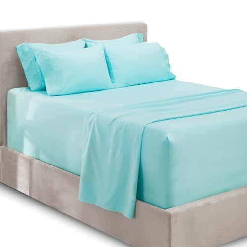 Hearth & Harbor 6 Piece Bed Sheet Set Extra Deep Pocket, Fits Mattress from 18-24 inces Depth, Queen, Aqua Blue von Hearth & Harbor