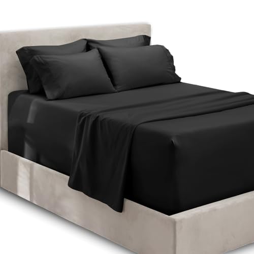 Hearth & Harbor 6 Piece Bed Sheet Set Extra Deep Pocket, Fits Mattress from 18-24 inces Depth, Queen, Black von Hearth & Harbor