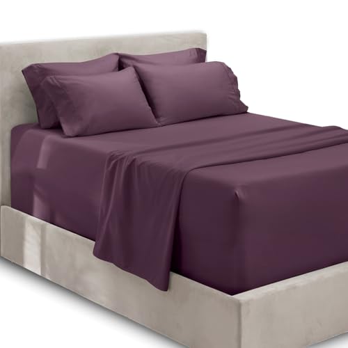 Hearth & Harbor 6 Piece Bed Sheet Set Extra Deep Pocket, Fits Mattress from 18-24 inces Depth, Split King, Eggplant von Hearth & Harbor