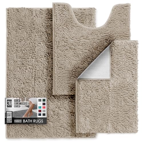 Hearth & Harbor Badezimmerteppiche, Chenille-Badematte – maschinenwaschbar, Badematten für Badezimmer, rutschfeste Unterseite, Gummi, schnell trocknende Badezimmermatte – beigefarbener Badteppich, 17 von Hearth & Harbor