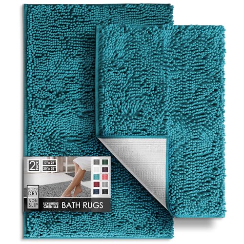Hearth & Harbor Chenille-Badematte, maschinenwaschbar, rutschfeste Unterseite, schnell trocknend, Blaugrün, 43 x 61 cm und 50,8 x 81,3 cm von Hearth & Harbor