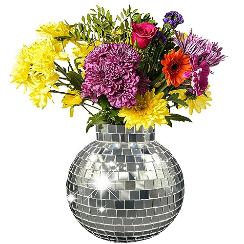 Discokugel-Pflanzgefäß, 17,8 cm, Discokugelvase für Blumen und Pflanzen, handgefertigt, silberfarben, quadratisch, kleine Spiegel, Mittelstück, für Innen- und Außendekoration, von Hearth & Stone