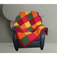 Häkel-Decke in Bunten Farben | Große Kuscheldecke Handgehäkelt Warme Tagesdecke Mit Blätter-Motiven Sofa-Überwurf Unikat Natur Rot Gelb von HeartmadeHandmade77