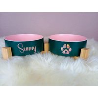 Fressnapf Zweifarbig | 2x 400Ml 850Ml Futternapf Personalisiert Doppelfressnapf Hund Katze Bambushalter Futterstation von HeartsForDesigns