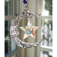 Großer Mond Und Stern Sonnenfänger, Großer Zinn Halbmond, Swarovski 1 "Ab Stern, | Eingestellt Kobalt Blau Klare Ab Perlen von HeartstringsByMorgan