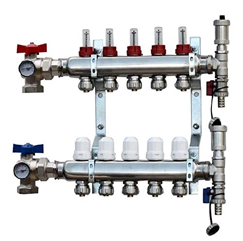 Heating-Instal Edelstahl Heizkreisverteiler für Fußbodenheizung mit Eck Kugelhahn 1" mit Verschraubung mit Thermometer mit Entlüftungsgruppe (6 Kreise) von Heating-Instal