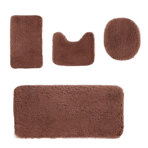 Heavyoff Badematte Set 4 teilig, Waschbar Badezimmerteppich, rutschfeste Badematte Toilettenmatte,Weich Saugfähige Badteppiche und WC Vorleger Duschvorleger, Braun von Heavyoff