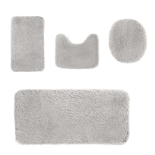 Heavyoff Badematte Set 4 teilig, Waschbar Badezimmerteppich, rutschfeste Badematte Toilettenmatte,Weich Saugfähige Badteppiche und WC Vorleger Duschvorleger, Hellgrau von Heavyoff