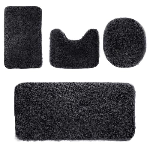 Heavyoff Badematte Set 4 teilig, Waschbar Badezimmerteppich, rutschfeste Badematte Toilettenmatte,Weich Saugfähige Badteppiche und WC Vorleger Duschvorleger, Schwarz von Heavyoff