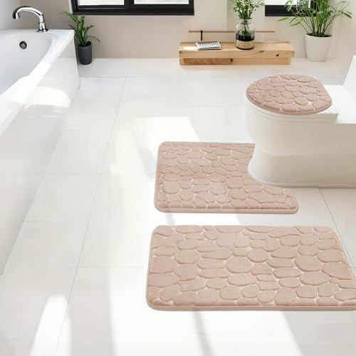 Heavyoff Badezimmerteppich Set 3 Teilig, Weiche Badematte und U Förmige wc Vorleger, Badteppich rutschfest Waschbar Badvorleger Set, Khaki von Heavyoff