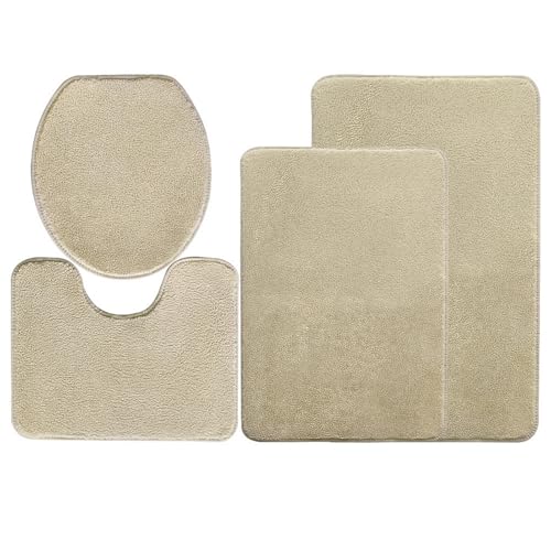 Heavyoff Badezimmerteppich Set 4 Teilig, Weiche Mikrofaser Badezimmermatte und WC Vorleger, rutschfeste Badematte, Waschbar Badvorleger Set für Dusche, Khaki von Heavyoff