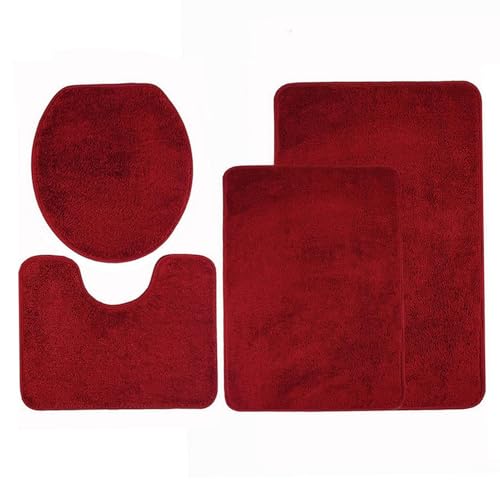 Heavyoff Badezimmerteppich Set 4 Teilig, Weiche Mikrofaser Badezimmermatte und WC Vorleger, rutschfeste Badematte, Waschbar Badvorleger Set für Dusche, Weinrot von Heavyoff