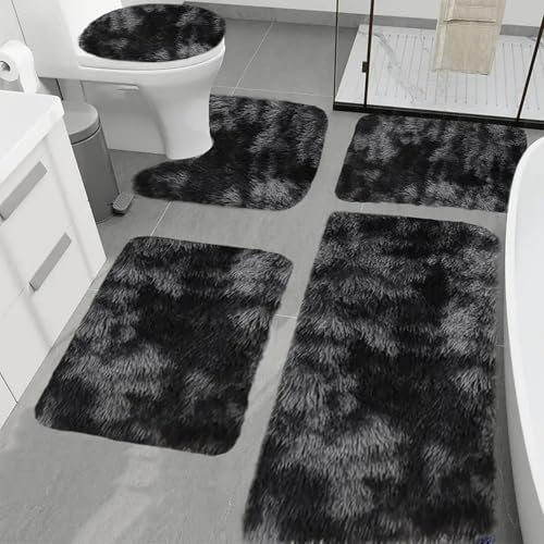 Heavyoff Badezimmerteppich Set 5 Teilig, Mikrofaser Saugfähige Badewannenmatte und WC Vorleger, Antirutschmatte Badewanne, Maschinenwaschbar Badvorleger für Badezimmer, Batik Dunkelgrau von Heavyoff