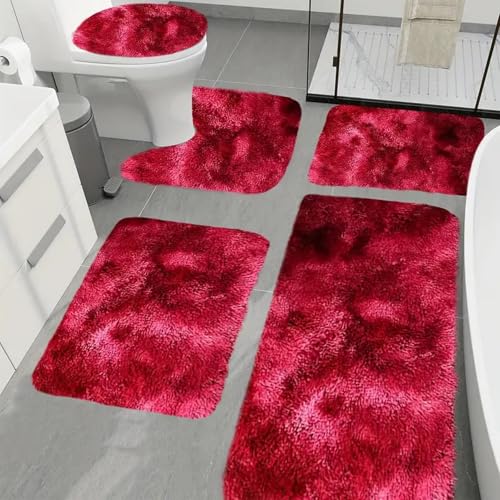 Heavyoff Badezimmerteppich Set 5 Teilig, Mikrofaser Saugfähige Badewannenmatte und WC Vorleger, Antirutschmatte Badewanne, Maschinenwaschbar Badvorleger für Badezimmer, Batik Rot von Heavyoff