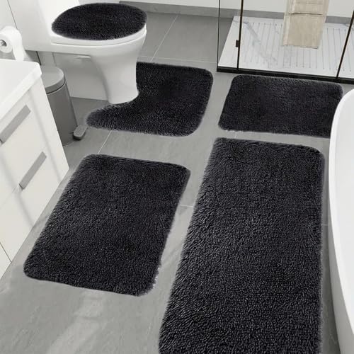 Heavyoff Badezimmerteppich Set 5 Teilig, Mikrofaser Saugfähige Badewannenmatte und WC Vorleger, Antirutschmatte Badewanne, Maschinenwaschbar Badvorleger für Badezimmer, Schwarz Heavyoff Badezimmerteppich Set 5 Teilig, Mikrofaser Saugfähige Badewannenmatte und WC Vorleger, Antirutschmatte Badewanne, Maschinenwaschbar Badvorleger für Badezimmer, Schwarz von Heavyoff