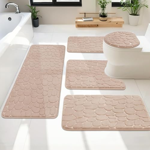 Heavyoff Badezimmerteppich Set 5 Teilig, Weiche Badematte und U Förmige wc Vorleger, Badteppich rutschfest Waschbar Badvorleger Set, Khaki von Heavyoff