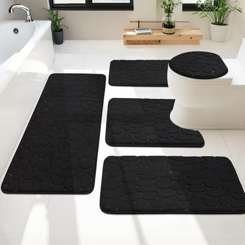Heavyoff Badezimmerteppich Set 5 Teilig, Weiche Badematte und U Förmige wc Vorleger, Badteppich rutschfest Waschbar Badvorleger Set, Schwarz von Heavyoff