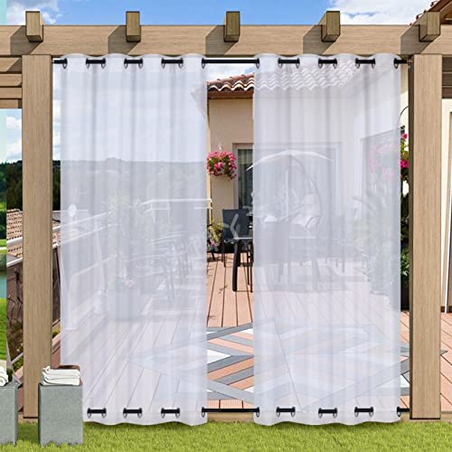 Heavyoff Outdoor Vorhang Wasserdicht Weiss Transparent Gardinen mit Ösen Oben und Unten Leinenoptik Outdoorvorhänge für Gartenlaube Balkon Terrasse Pavillon 1 Stück, 132x274cm von Heavyoff