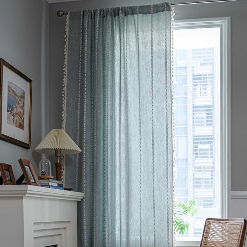 Heavyoff Wohnzimmer Vorhänge Gardinen Boho Gardine Semi-transparent Leinenvorhang Curtains 1 Stück für Schlafzimmer Fenster, Blau, 132x244cm von Heavyoff