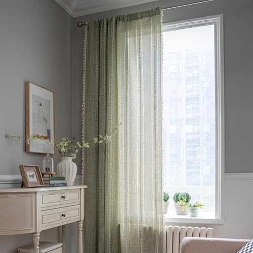 Heavyoff Wohnzimmer Vorhänge Gardinen Boho Gardine Semi-transparent Leinenvorhang Curtains 1 Stück für Schlafzimmer Fenster, Hellgrün, 132x244cm von Heavyoff