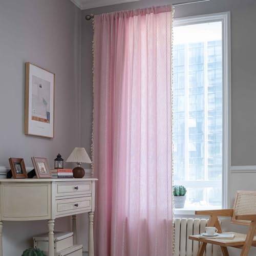 Heavyoff Wohnzimmer Vorhänge Gardinen Boho Gardine Semi-transparent Leinenvorhang Curtains 1 Stück für Schlafzimmer Fenster, Rosa, 132x260cm von Heavyoff