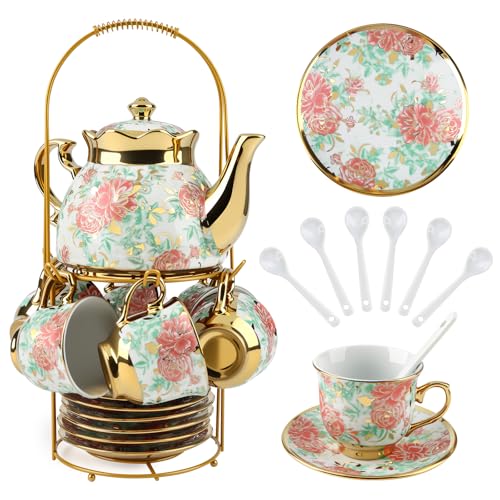 20-teiliges Porzellan-Teeset mit Metallhalter, europäisches Keramik-Teeset für Erwachsene, Teeservice für Erwachsene, Teetassen-Untertassen-Set für Party mit Goldblumenmalerei, einzigartiger 20-teiliges Porzellan-Teeset mit Metallhalter, europäisches Keramik-Teeset für Erwachsene, Teeservice für Erwachsene, Teetassen-Untertassen-Set für Party mit Goldblumenmalerei, einzigartiger von Hebaogugu