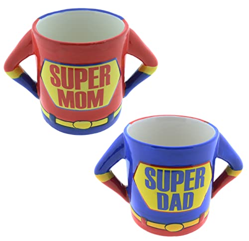 Becher Super Mom + Tasse Super Dad je 500ml Spar-Set Kaffeetasse XL 18x11cm Vatertag Muttertag Weihnachten Geschenkidee von Hebgen